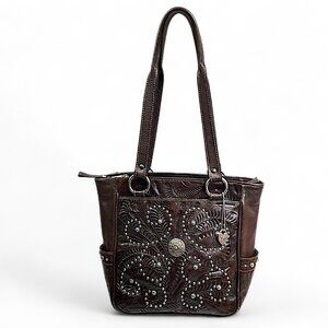 American West Brown Leather Purse Chocolate Brown Tooled Studded Shoulder Bag